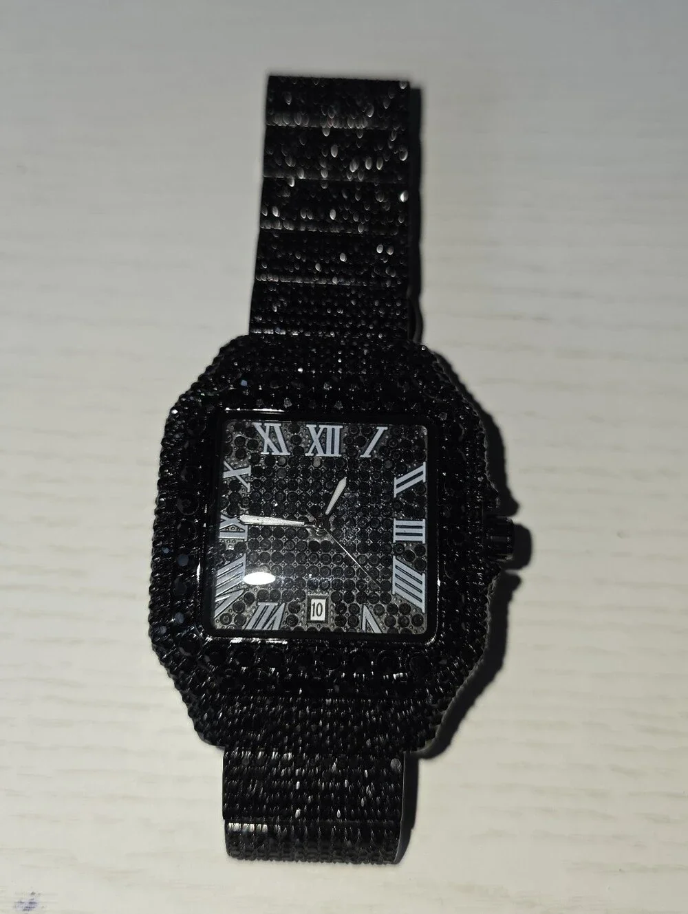 344.  Black Crystal-Embellished Square Face Watch